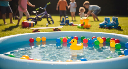 Children playing in an inflatable backyard pool on a perfect summer day