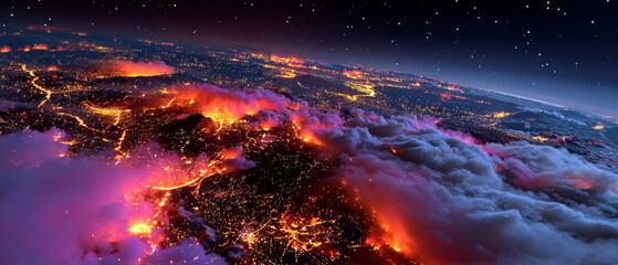 Satellite view of massive wildfires consuming land at night across densely populated continent