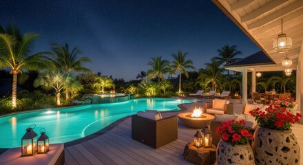Fototapeta premium Luxury villa poolside at night with tropical ambiance 