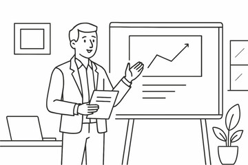 Man in suit presenting a growing business graph on a whiteboard