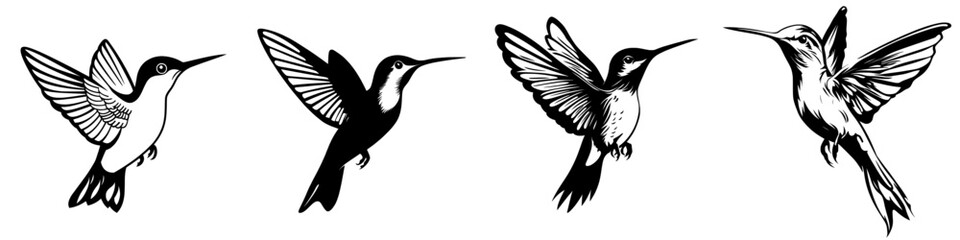 Fototapeta premium The hummingbird symbol features a black and white minimalist design suitable for tattoos, logos, and modern styles, isolated on a white background