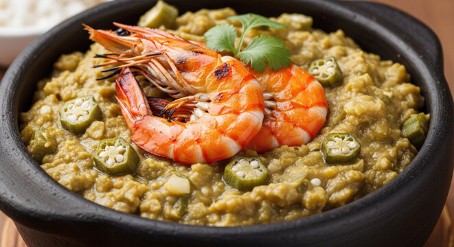 Grilled shrimp served on traditional Brazilian caruru stew
