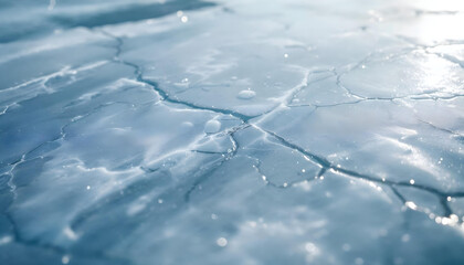 Obraz premium Close-up of frozen lake with textured ice and light snow, serene winter scene