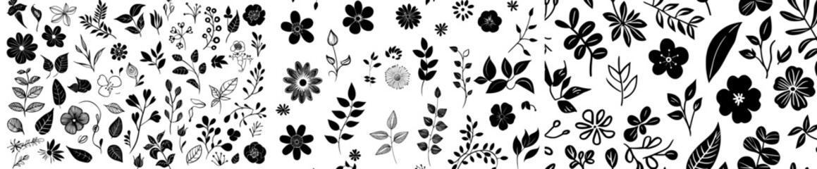 A seamless pattern of floral decorative doodles in black and white is suitable for textile, paper, print, packaging, and wrapping