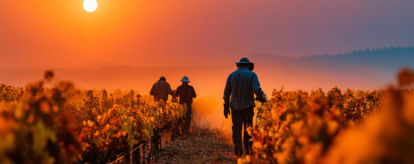 Silhouettes of vineyard workers harvesting under smoky sky and blazing sun during wildfire