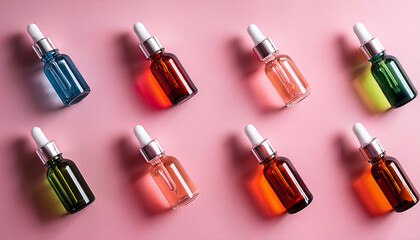 Obraz premium Colorful cosmetic dropper bottles arranged on pink background for skincare and beauty product branding, concept of wellness, fashion and design