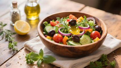 Fresh summer salad in olive wood bowl, artisanal gourmet presentation