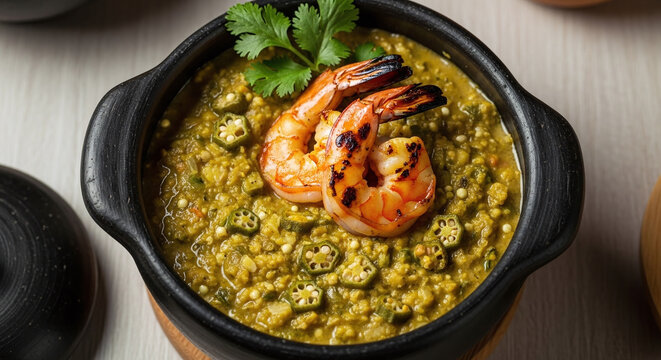 Traditional Bahian caruru with shrimp and okra in black bowl
