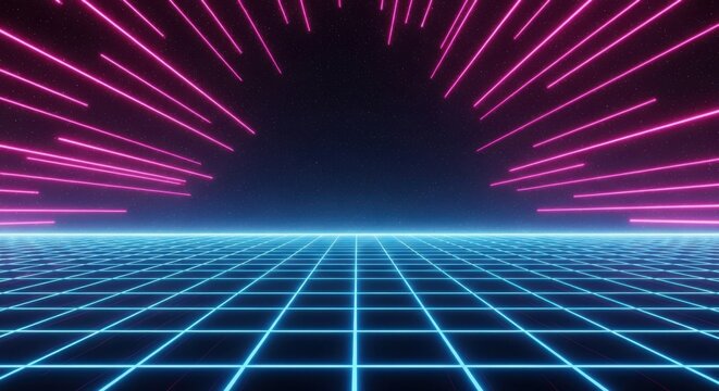 Retro Neon Grid Cyberpunk Background with Glowing Lines