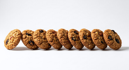 A row of oatmeal raisin cookies arranged on a white surface in a studio shot with good lighting