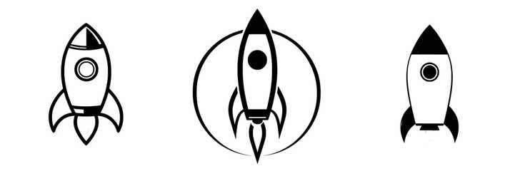A circular frame encloses a stylized black and white illustration of a rocket launching into space, making the Rocket Launch Icon perfect for representing new beginnings and innovative ideas