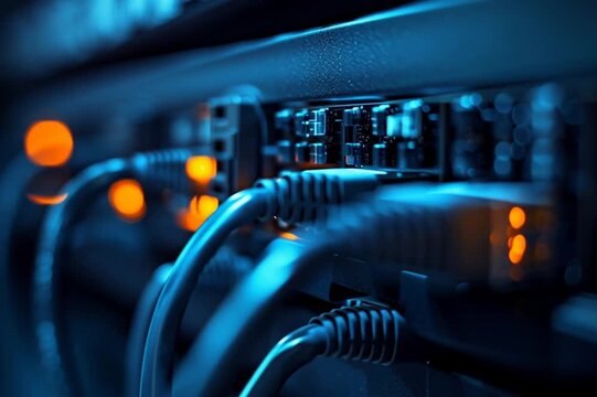 Primer plano conexiones RJ45 conexi&oacute;n con router y switch