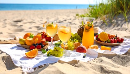 Beach Picnic Fruit with Drinks, and Summer.