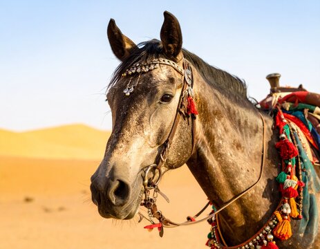 High-Resolution Close-Up of a Marwari Horse with Traditional Saddle in Desert