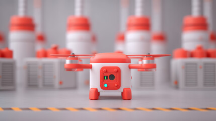 A futuristic drone with orange accents stands prominently in a tech-themed environment, surrounded by other machines and industrial elements.