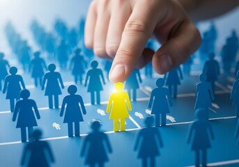 A hand selecting a highlighted female figure among blue silhouettes, symbolizing talent recognition and recruitment.