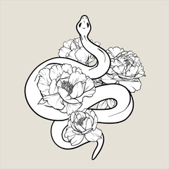Black and white line drawing of snake in the flowers. Vector illustration of a snake and Floral Line Art. Sketch animal illustration. Hand Drawn outline of snake and peonies. EPS10