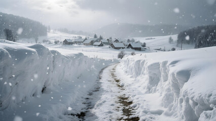 Obraz premium Snowy rural path leading to a distant village under heavy snowfall