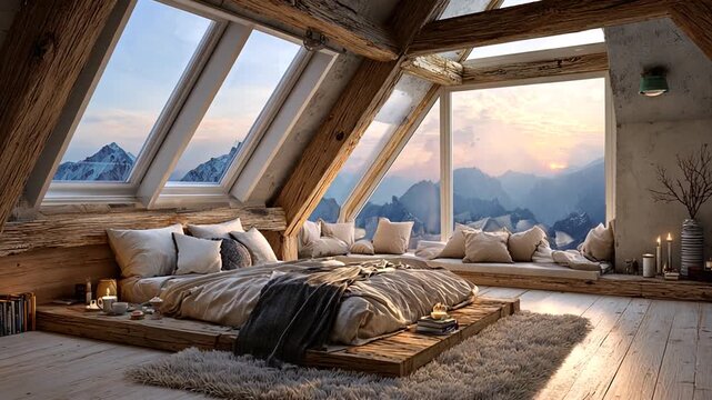 A tranquil mountaintop bedroom boasts panoramic views of a majestic vista.