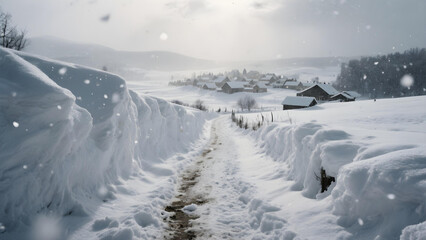 Obraz premium Snowy rural path leading to a distant village under heavy snowfall