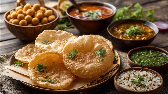 Pakistani halwa puri breakfast crispy puris chana curry and semolina halwa served on festive dining table authentic South Asian stock photo