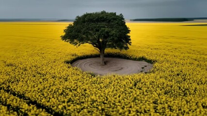 Lone tree in the middle of a yellow blooming field, striking minimalistic nature composition. - Powered by Adobe