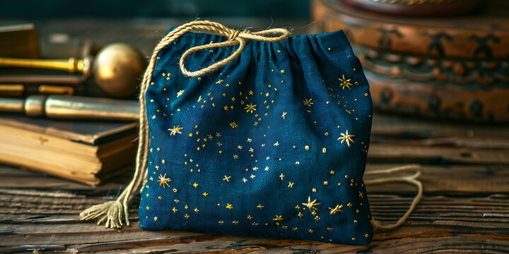 "Blue Drawstring Pouch with Gold Stars on Wooden Surface Among Books"