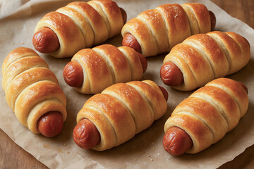 Delicious freshly baked pigs in a blanket on parchment paper ready to serve as a tasty snack or appetizer. concept of sausage roll, comfort food, easy homemade baking, savory treat.