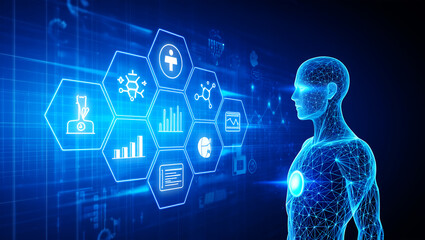 Futuristic human form glowing blue with data hexagons body