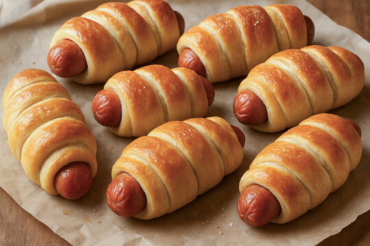 Delicious freshly baked pigs in a blanket on parchment paper ready to serve as a tasty snack or appetizer. concept of sausage roll, comfort food, easy homemade baking, savory treat.