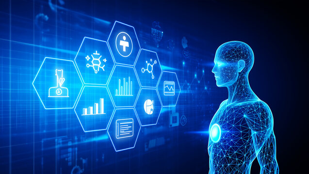 Futuristic human form glowing blue with data hexagons body