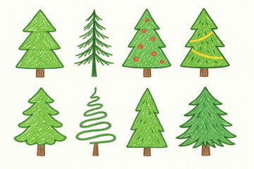 Set of cute Christmas trees in different hand drawn styles with simple decorations and ornaments isolated on white background. Concept of holiday illustration, festive design, seasonal decor elements