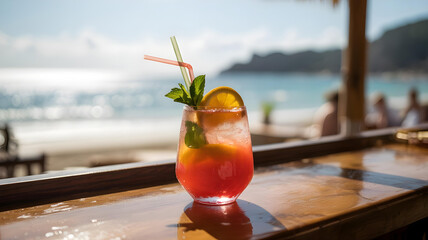 Close-up of vibrant summer cocktail at beachside bar, tropical luxury