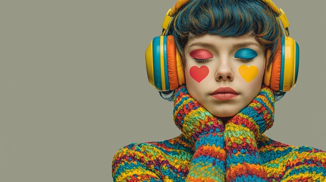 Young person with colorful headphones and striped sweater heart shapes on face