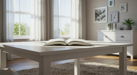 Fototapeta premium Cozy Living Room with Open Book Bathed in Natural Sunlight