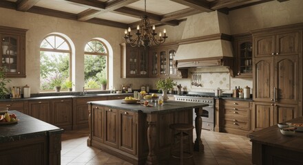 Rustic Luxury Kitchen with Arched Windows and Dark Countertops