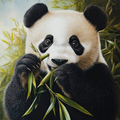 Obraz premium Panda grasping a large bamboo stalk with both paws, biting into it with visible delight, playful yet focused, stunning detail and realism, copy space. 