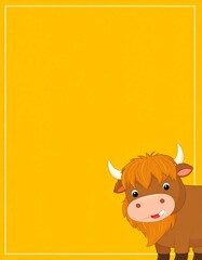 Cute highland cow on a bright yellow background