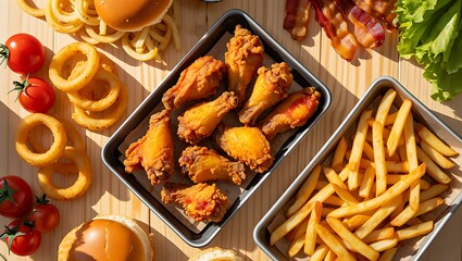 Delicious Fast Food Variety Featuring Crispy Chicken Wings French Fries Onion Rings and Burgers on a Wooden Tabletop Ready to Eat