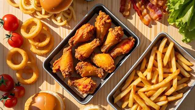 Delicious Fast Food Variety Featuring Crispy Chicken Wings French Fries Onion Rings and Burgers on a Wooden Tabletop Ready to Eat - Powered by Adobe
