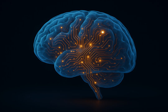 An artificial intelligence human brain with an orange glowing neural network circuit board, representing the concepts of AI and machine learning