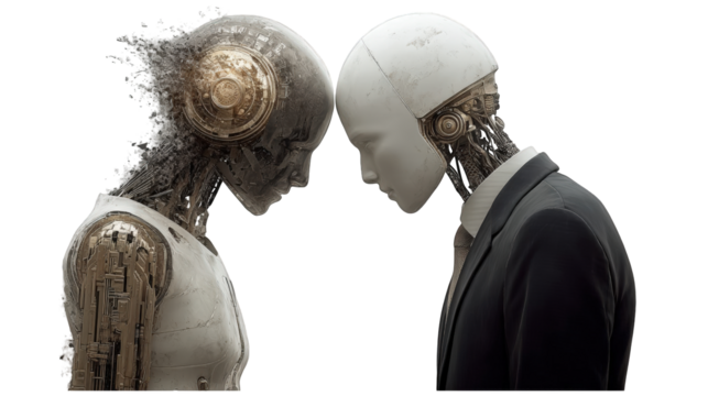 Two humanoid androids in profile one disintegrating and one in a suit touching foreheads in a symbolic pose.