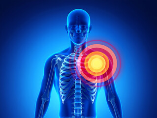 Human skeleton anatomy with shoulder pain indicator image