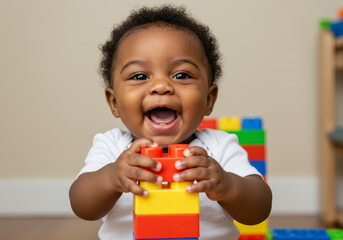 Happy Baby Plays With Colorful Building Blocks Indoors Learning Development