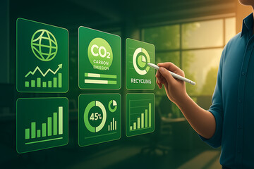 Improving environmental sustainability with a business man analyzing carbon emission, recycling, and eco-friendly data on a futuristic display, focusing on green technology