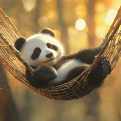 Obraz premium Panda resting in a hammock made of woven bamboo, gently swaying, completely relaxed, cinematic and cozy atmosphere, copy space. 