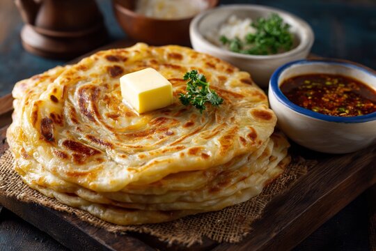 Pakistani lachha paratha layered flatbread butter served hot with chutney authentic breakfast styled for South Asian stock food