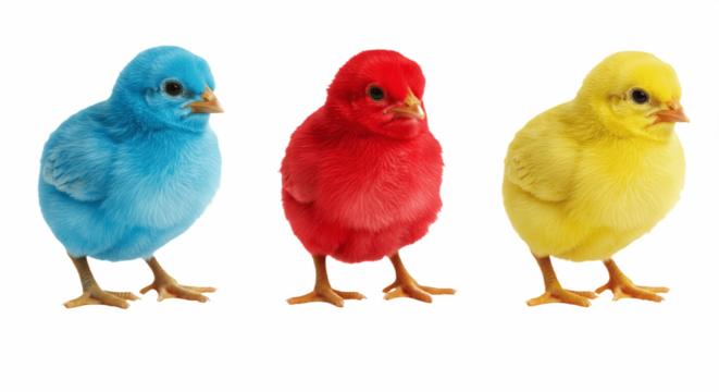Colorful baby chicks isolated on white PNG. Red, blue, and yellow chicks cutout, farm animal illustration, cute poultry clipart, playful birds graphic, and adorable newborn chicken design