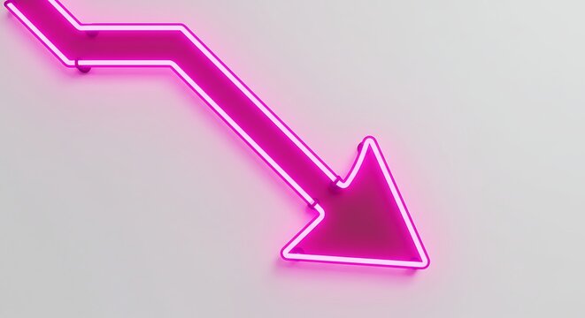 Neon Downward Arrow: The neon arrow signifies a downward trend, drop, or decrease in a clean, modern style, creating visual impact.