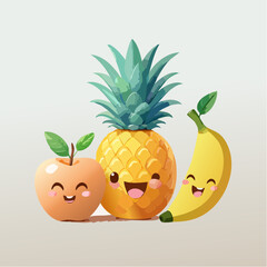 Set di illustrazioni vettoriali 3D giocose: frutti sorridenti in stile pastello e design divertente